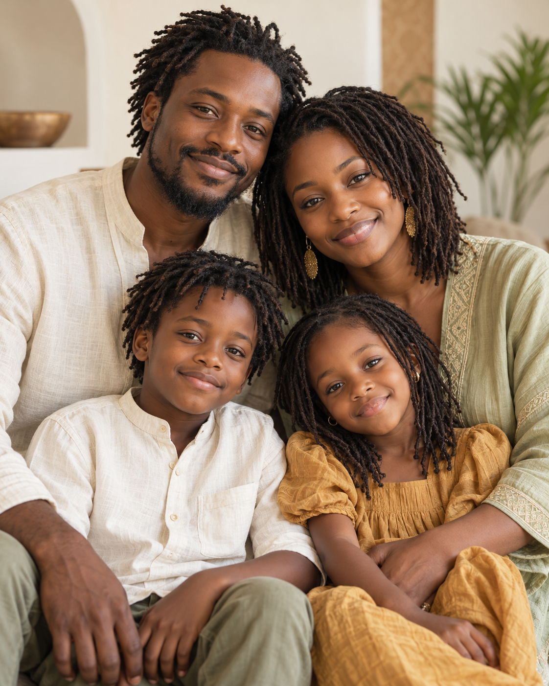 Famille d’ambiance : papa, maman, garçon et fille avec des locks naturelles
