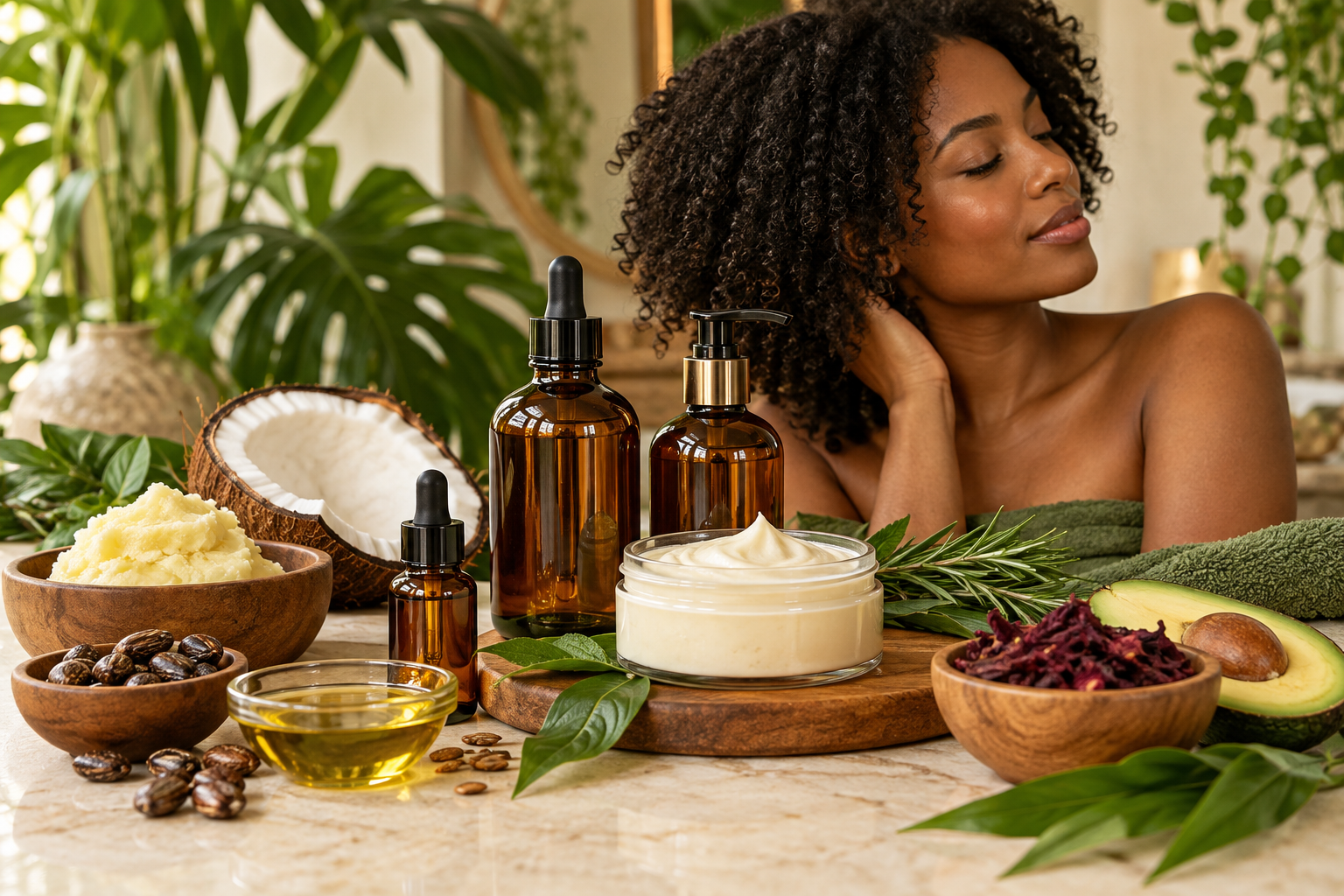 Illustration IA · univers des soins capillaires naturels